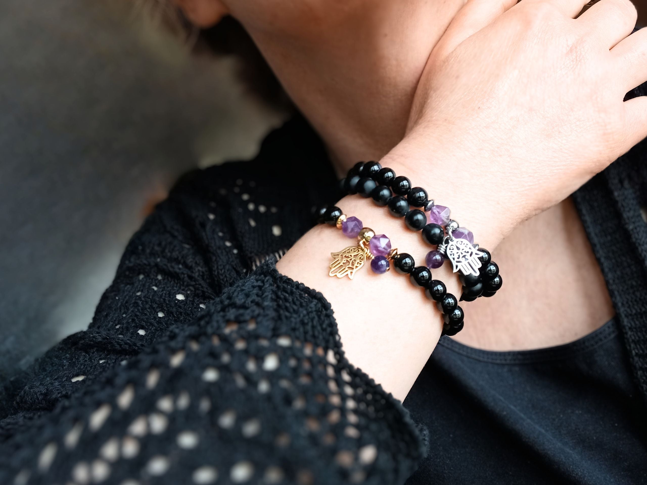 Armband Hand der Fatima (Onyx Amethyst)