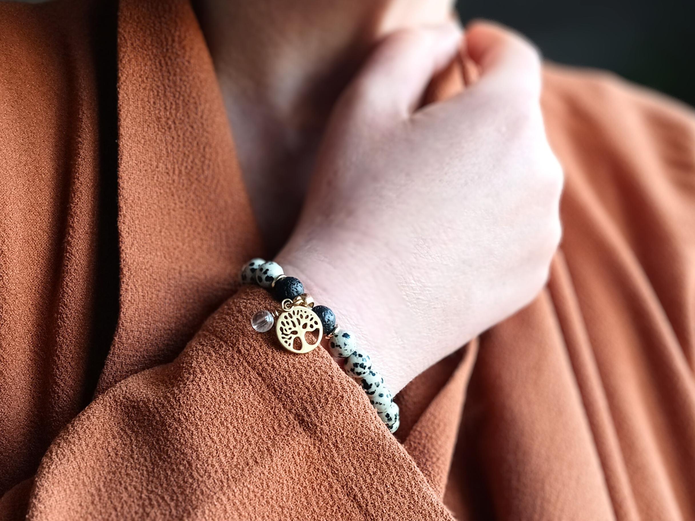 Armband Lebensbaum (Dalmatiner-Jaspis Lava Bergkristall)